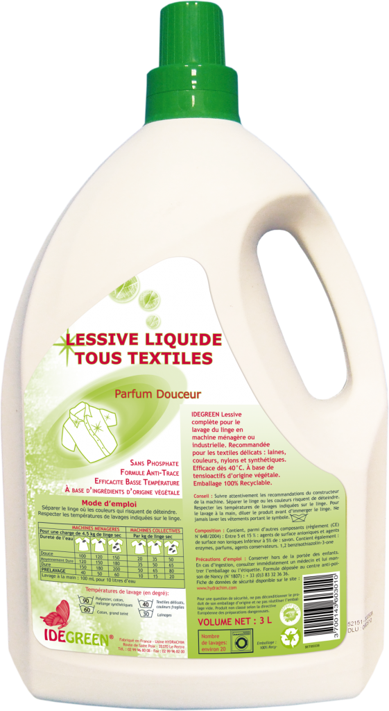 Lessive liquide tous textiles - IDEGREEN - 3L - Ecolabel